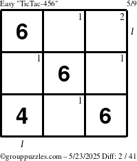 The grouppuzzles.com Easy TicTac-456 puzzle for Friday May 23, 2025 with all 2 steps marked