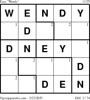 The grouppuzzles.com Easy Wendy puzzle for Friday May 23, 2025 with the first 2 steps marked