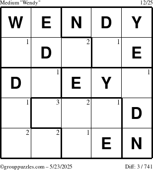 The grouppuzzles.com Medium Wendy puzzle for Friday May 23, 2025 with the first 3 steps marked