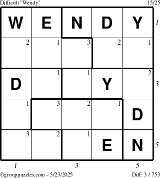 The grouppuzzles.com Difficult Wendy puzzle for Friday May 23, 2025 with all 3 steps marked