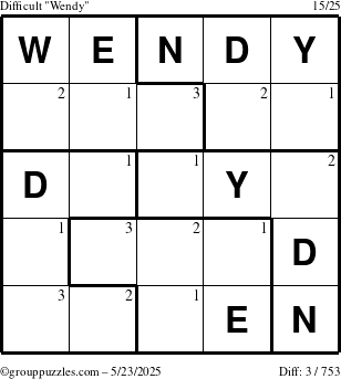 The grouppuzzles.com Difficult Wendy puzzle for Friday May 23, 2025 with the first 3 steps marked