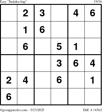 The grouppuzzles.com Easy Sudoku-6up puzzle for Friday May 23, 2025