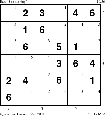 The grouppuzzles.com Easy Sudoku-6up puzzle for Friday May 23, 2025 with all 4 steps marked
