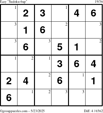 The grouppuzzles.com Easy Sudoku-6up puzzle for Friday May 23, 2025 with the first 3 steps marked