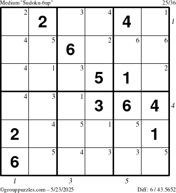 The grouppuzzles.com Medium Sudoku-6up puzzle for Friday May 23, 2025 with all 6 steps marked