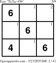 The grouppuzzles.com Easy TicTac-456 puzzle for Friday May 23, 2025 with the first 2 steps marked