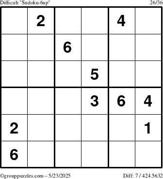 The grouppuzzles.com Difficult Sudoku-6up puzzle for Friday May 23, 2025