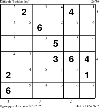 The grouppuzzles.com Difficult Sudoku-6up puzzle for Friday May 23, 2025 with all 7 steps marked