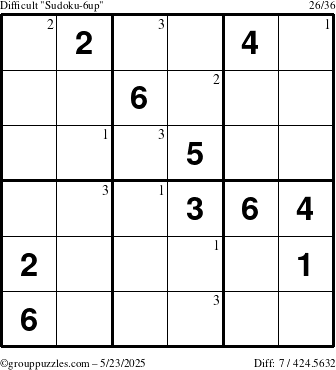 The grouppuzzles.com Difficult Sudoku-6up puzzle for Friday May 23, 2025 with the first 3 steps marked