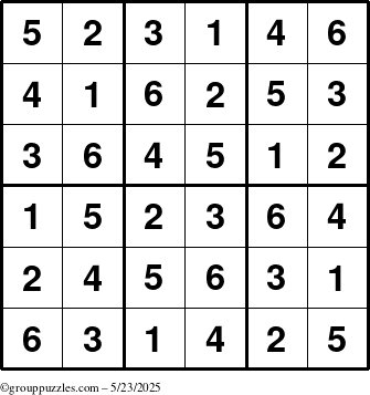 The grouppuzzles.com Answer grid for the Sudoku-6up puzzle for Friday May 23, 2025