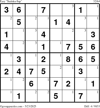 The grouppuzzles.com Easy Sudoku-8up puzzle for Friday May 23, 2025 with the first 3 steps marked