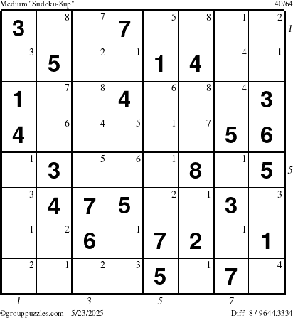 The grouppuzzles.com Medium Sudoku-8up puzzle for Friday May 23, 2025 with all 8 steps marked
