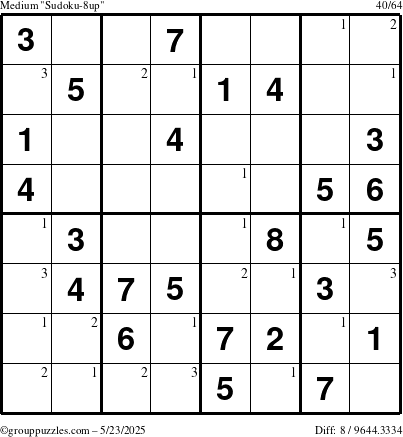 The grouppuzzles.com Medium Sudoku-8up puzzle for Friday May 23, 2025 with the first 3 steps marked