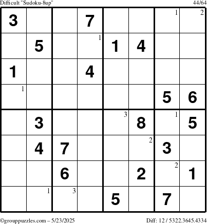 The grouppuzzles.com Difficult Sudoku-8up puzzle for Friday May 23, 2025 with the first 3 steps marked