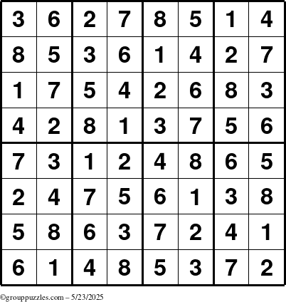 The grouppuzzles.com Answer grid for the Sudoku-8up puzzle for Friday May 23, 2025