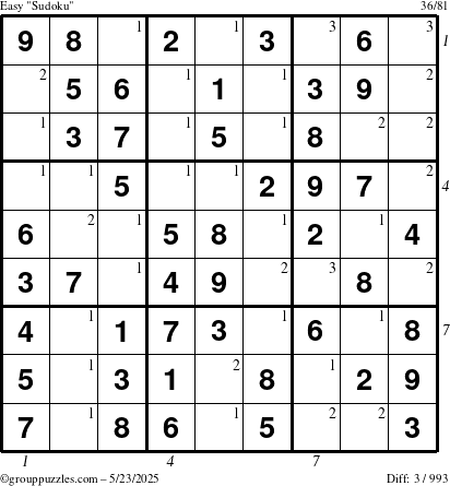 The grouppuzzles.com Easy Sudoku puzzle for Friday May 23, 2025 with all 3 steps marked