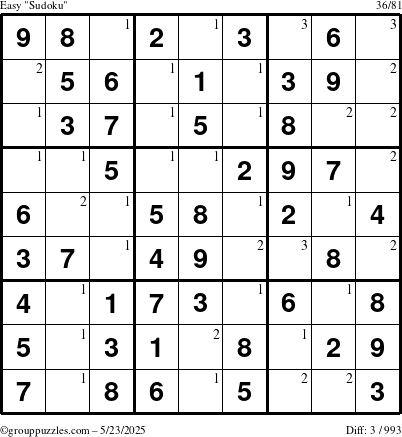 The grouppuzzles.com Easy Sudoku puzzle for Friday May 23, 2025 with the first 3 steps marked
