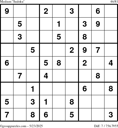 The grouppuzzles.com Medium Sudoku puzzle for Friday May 23, 2025