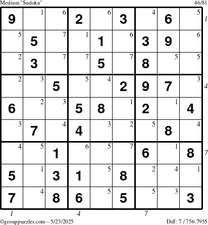 The grouppuzzles.com Medium Sudoku puzzle for Friday May 23, 2025 with all 7 steps marked