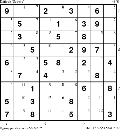 The grouppuzzles.com Difficult Sudoku puzzle for Friday May 23, 2025 with all 12 steps marked