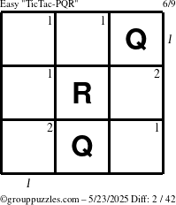 The grouppuzzles.com Easy TicTac-PQR puzzle for Friday May 23, 2025 with all 2 steps marked