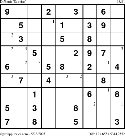 The grouppuzzles.com Difficult Sudoku puzzle for Friday May 23, 2025 with the first 3 steps marked