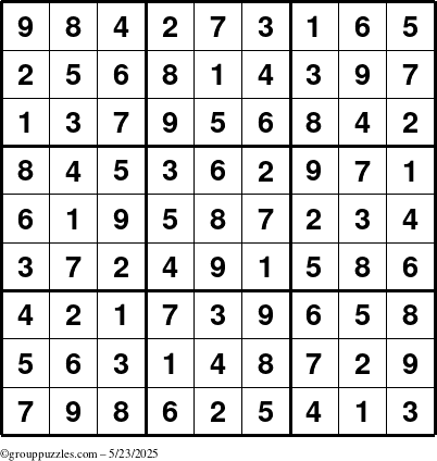 The grouppuzzles.com Answer grid for the Sudoku puzzle for Friday May 23, 2025