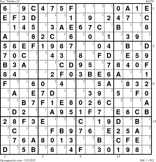 The grouppuzzles.com Easy Sudoku-16 puzzle for Friday May 23, 2025, suitable for printing, with all 3 steps marked