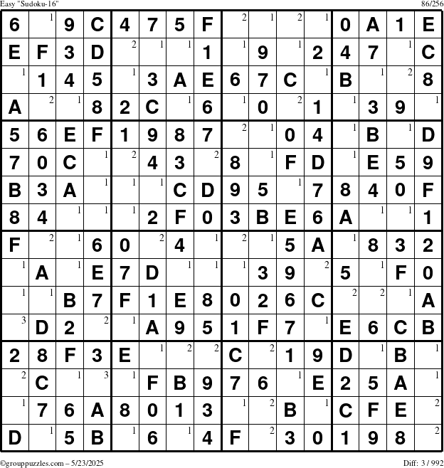 The grouppuzzles.com Easy Sudoku-16 puzzle for Friday May 23, 2025 with the first 3 steps marked