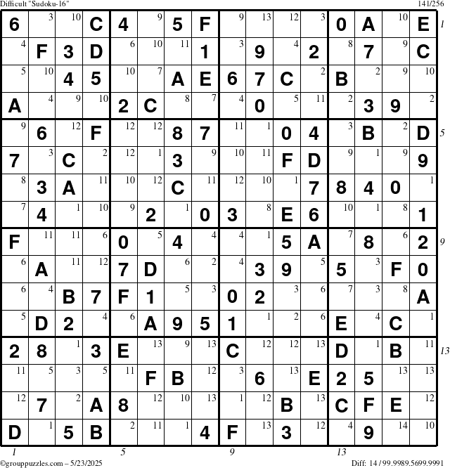 The grouppuzzles.com Difficult Sudoku-16 puzzle for Friday May 23, 2025, suitable for printing, with all 14 steps marked