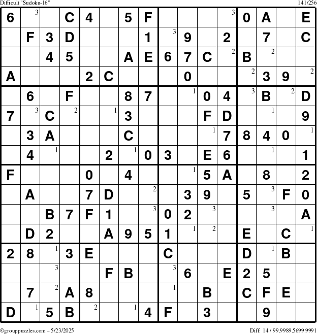 The grouppuzzles.com Difficult Sudoku-16 puzzle for Friday May 23, 2025 with the first 3 steps marked