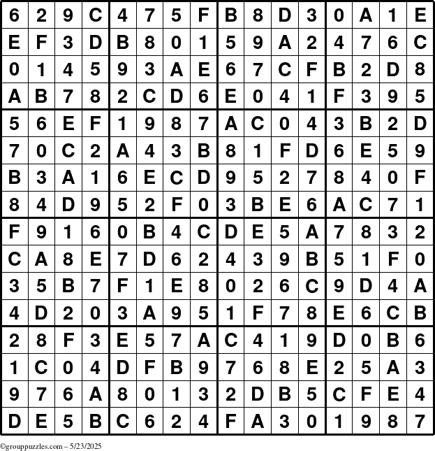 The grouppuzzles.com Answer grid for the Sudoku-16 puzzle for Friday May 23, 2025