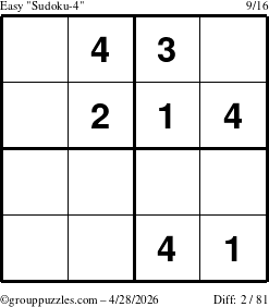 The grouppuzzles.com Easy Sudoku-4 puzzle for Tuesday April 28, 2026