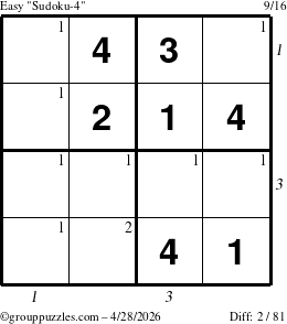 The grouppuzzles.com Easy Sudoku-4 puzzle for Tuesday April 28, 2026 with all 2 steps marked