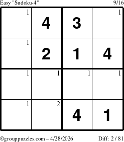 The grouppuzzles.com Easy Sudoku-4 puzzle for Tuesday April 28, 2026 with the first 2 steps marked