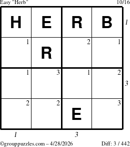 The grouppuzzles.com Easy Herb puzzle for Tuesday April 28, 2026, suitable for printing, with all 3 steps marked