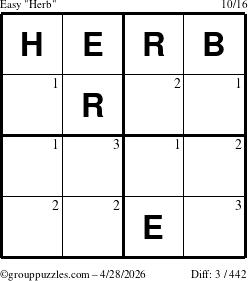 The grouppuzzles.com Easy Herb puzzle for Tuesday April 28, 2026 with the first 3 steps marked