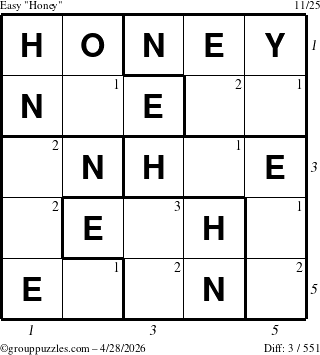The grouppuzzles.com Easy Honey puzzle for Tuesday April 28, 2026 with all 3 steps marked