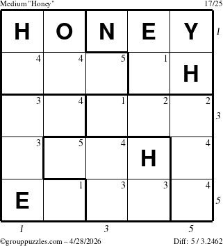 The grouppuzzles.com Medium Honey puzzle for Tuesday April 28, 2026 with all 5 steps marked