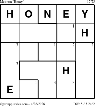 The grouppuzzles.com Medium Honey puzzle for Tuesday April 28, 2026 with the first 3 steps marked