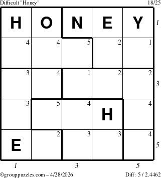 The grouppuzzles.com Difficult Honey puzzle for Tuesday April 28, 2026, suitable for printing, with all 5 steps marked