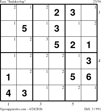 The grouppuzzles.com Easy Sudoku-6up puzzle for Tuesday April 28, 2026, suitable for printing, with all 3 steps marked