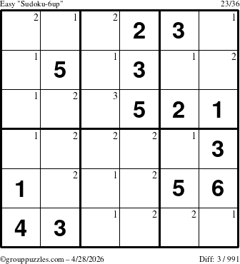 The grouppuzzles.com Easy Sudoku-6up puzzle for Tuesday April 28, 2026 with the first 3 steps marked