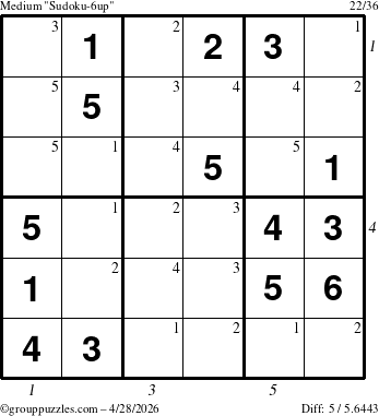 The grouppuzzles.com Medium Sudoku-6up puzzle for Tuesday April 28, 2026 with all 5 steps marked