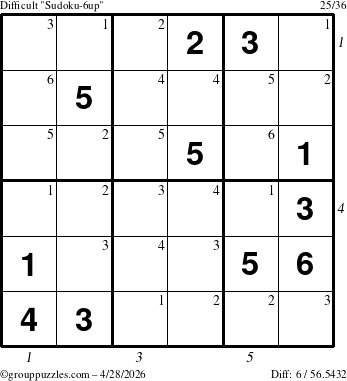 The grouppuzzles.com Difficult Sudoku-6up puzzle for Tuesday April 28, 2026 with all 6 steps marked
