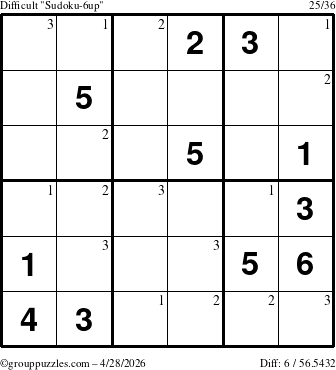 The grouppuzzles.com Difficult Sudoku-6up puzzle for Tuesday April 28, 2026 with the first 3 steps marked