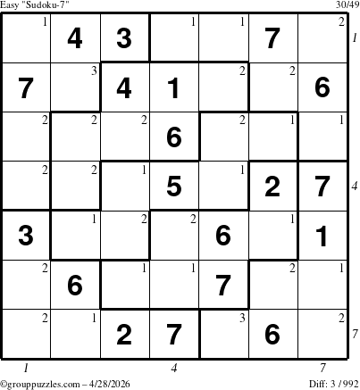 The grouppuzzles.com Easy Sudoku-7 puzzle for Tuesday April 28, 2026, suitable for printing, with all 3 steps marked