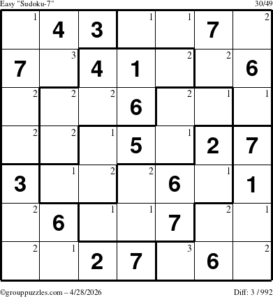 The grouppuzzles.com Easy Sudoku-7 puzzle for Tuesday April 28, 2026 with the first 3 steps marked