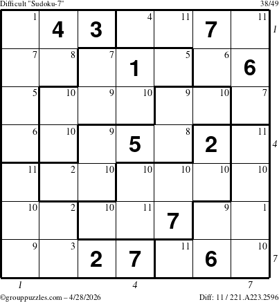 The grouppuzzles.com Difficult Sudoku-7 puzzle for Tuesday April 28, 2026 with all 11 steps marked