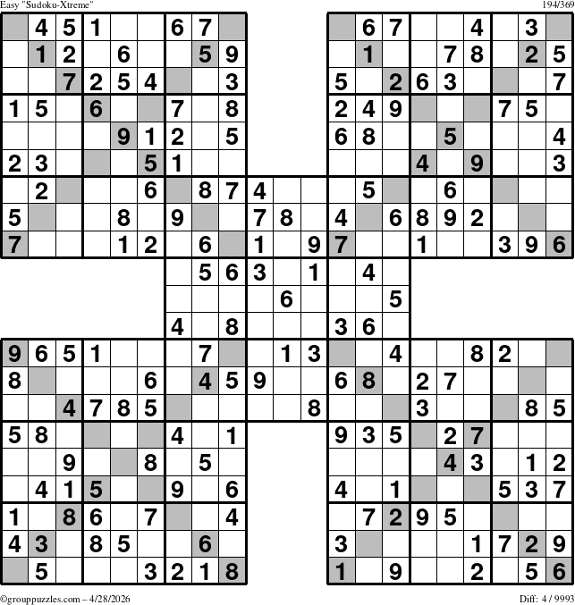 The grouppuzzles.com Easy Sudoku-Xtreme puzzle for Tuesday April 28, 2026